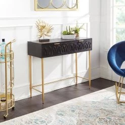 Ballerine 38 in. Black and Gold Standard Rectangle Wood and Metal Console Table with Drawers by Decor Therapy -Decor Therapy Sale black gold decor therapy console tables fr11420 31 1000