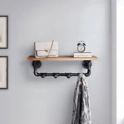 Irvine 6.3. Brown Wood Shelf Piping with Clothes Hooks by 4D Concepts -Decor Therapy Sale black pipe brown shelve 4d concepts bookcases bookshelves 10192 31 1000