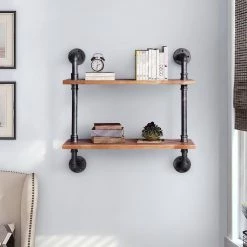 Irvine 25.6 in. Brown Wood and Metal 2-Shelf Piping Bookcase by 4D Concepts -Decor Therapy Sale black pipe brown shelve 4d concepts bookcases bookshelves 10193 31 1000