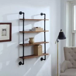 Turner 47.25 in. 4-Brown Wood and Metal 4-Shelf Piping Bookcase by 4D Concepts -Decor Therapy Sale black pipe brown shelves 4d concepts bookcases bookshelves 10188 31 1000