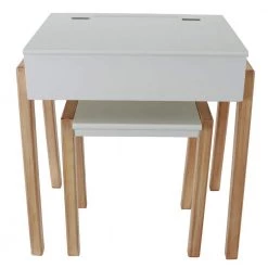 Mid-Century Modern Bright and Natural Wood White Desk and Stool by Decor Therapy