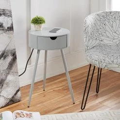 14 in. Allie Cool Gray Round Wood End Table with USB Port by Decor Therapy -Decor Therapy Sale cool gray decor therapy end side tables fr11421 31 1000