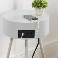 14 in. Allie Cool Gray Round Wood End Table with USB Port by Decor Therapy -Decor Therapy Sale cool gray decor therapy end side tables fr11421 c3 1000