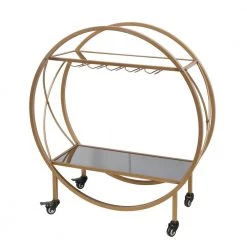 Evelyn Gold Bar Cart with Mirrored Shelves, Wine Glass Rack and Locking Wheel Casters by Decor Therapy