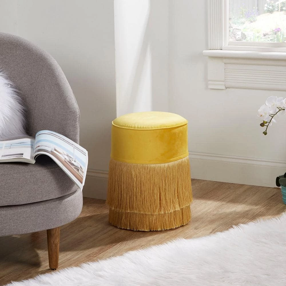 Royce Gold Fringe Velvet Upholstered Ottoman by Decor Therapy 5 Royce Gold Fringe Velvet Upholstered Ottoman by Decor Therapy - Image 5