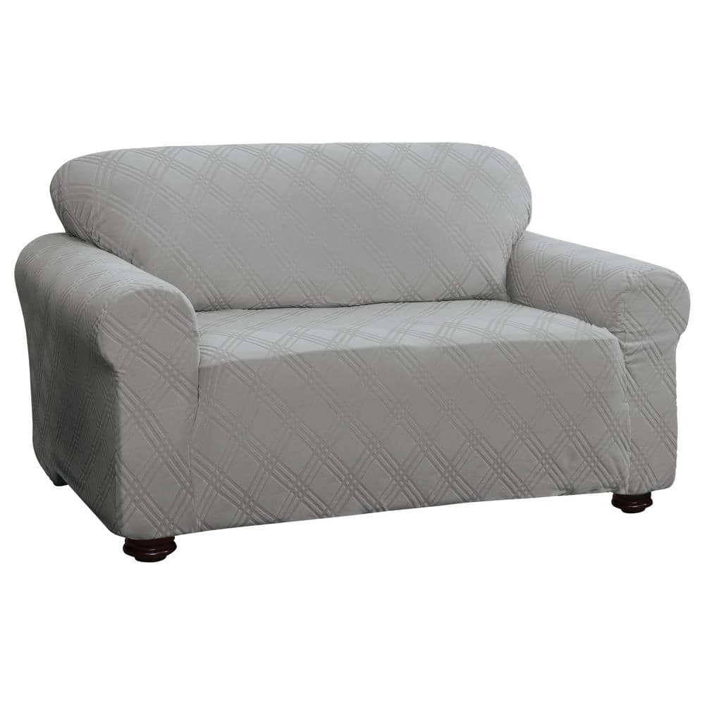 Stretch Double Diamond Gray Loveseat Slipcover by Stretch Sensations 1 Stretch Double Diamond Gray Loveseat Slipcover by Stretch Sensations