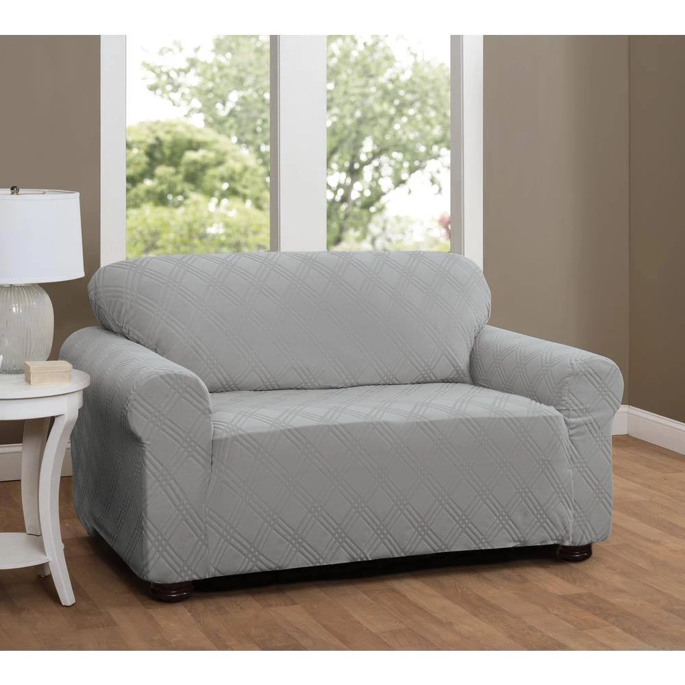 Stretch Double Diamond Gray Loveseat Slipcover by Stretch Sensations 2 Stretch Double Diamond Gray Loveseat Slipcover by Stretch Sensations - Image 2