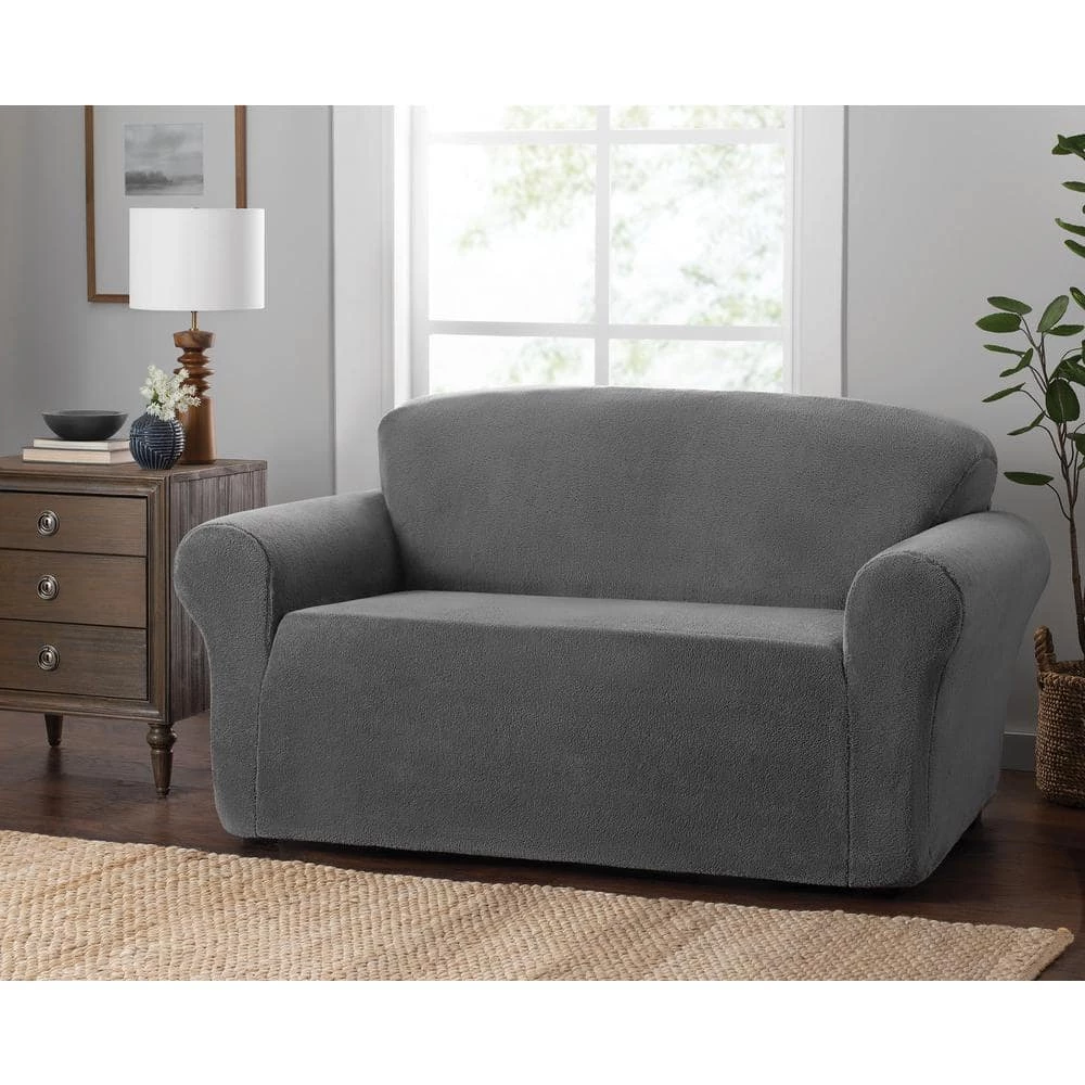 Stretch Sherpa Grey Loveseat Slipcover by Stretch Sensations 1 Stretch Sherpa Grey Loveseat Slipcover by Stretch Sensations