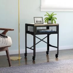 20 in. Tilton Natural and Black Square Wood and Iron Side Table with Mesh Drawer and Wheels by Decor Therapy -Decor Therapy Sale natural black decor therapy end side tables fr11294 31 1000