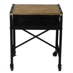 20 in. Tilton Natural and Black Square Wood and Iron Side Table with Mesh Drawer and Wheels by Decor Therapy