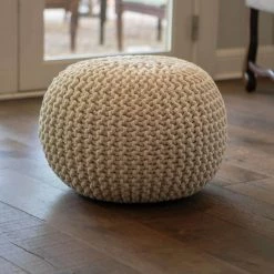 Lola Lurex Off-White Round Pouffe by Decor Therapy -Decor Therapy Sale off white decor therapy ottomans fr8612 44 1000