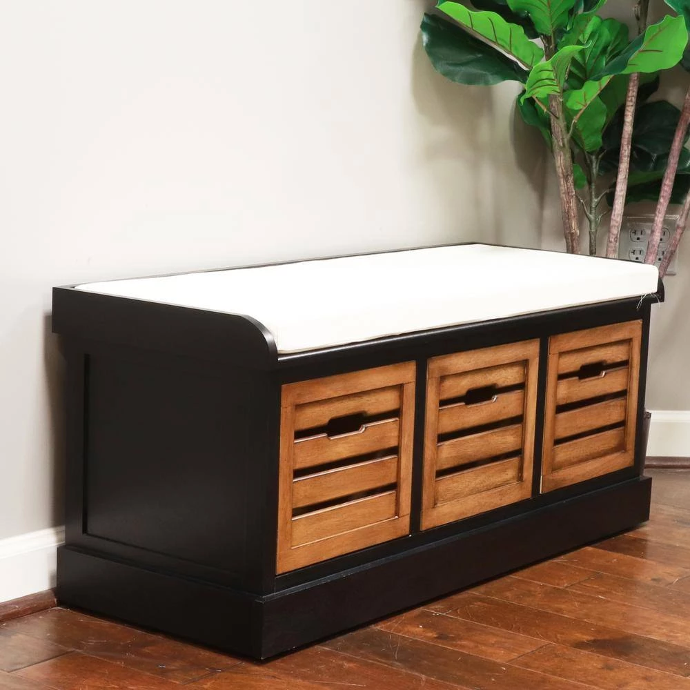 Melody Satin Black and Honey Nut 3-Drawer Bench with Cushion by Decor Therapy 7 Melody Satin Black and Honey Nut 3-Drawer Bench with Cushion by Decor Therapy - Image 7