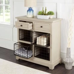 Edwin Vanilla Bean and Black Accent Storage Cabinet with 2-Drawers and 4-Wire Baskets by Decor Therapy -Decor Therapy Sale vanilla bean decor therapy accent cabinets fr11437 4f 1000