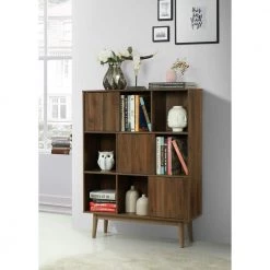 44 in. Walnut Wood 9-shelf Cube Bookcase with Doors by 4D Concepts -Decor Therapy Sale walnut 4d concepts bookcases bookshelves 151386 31 1000