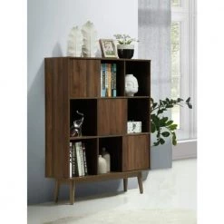 44 in. Walnut Wood 9-shelf Cube Bookcase with Doors by 4D Concepts -Decor Therapy Sale walnut 4d concepts bookcases bookshelves 151386 4f 1000
