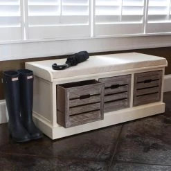 Melody White and Gray 3-Drawer Bench with Gray Cushion by Decor Therapy