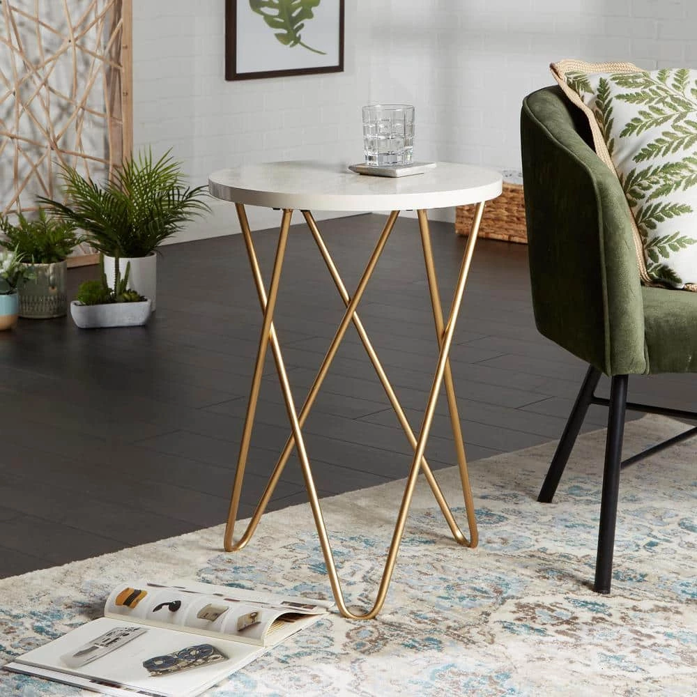 18 in. Elton White and Gold Round Wood End Table with Hairpin Legs by Decor Therapy 5 18 in. Elton White and Gold Round Wood End Table with Hairpin Legs by Decor Therapy - Image 5
