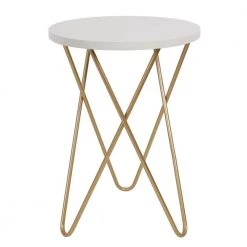 18 in. Elton White and Gold Round Wood End Table with Hairpin Legs by Decor Therapy